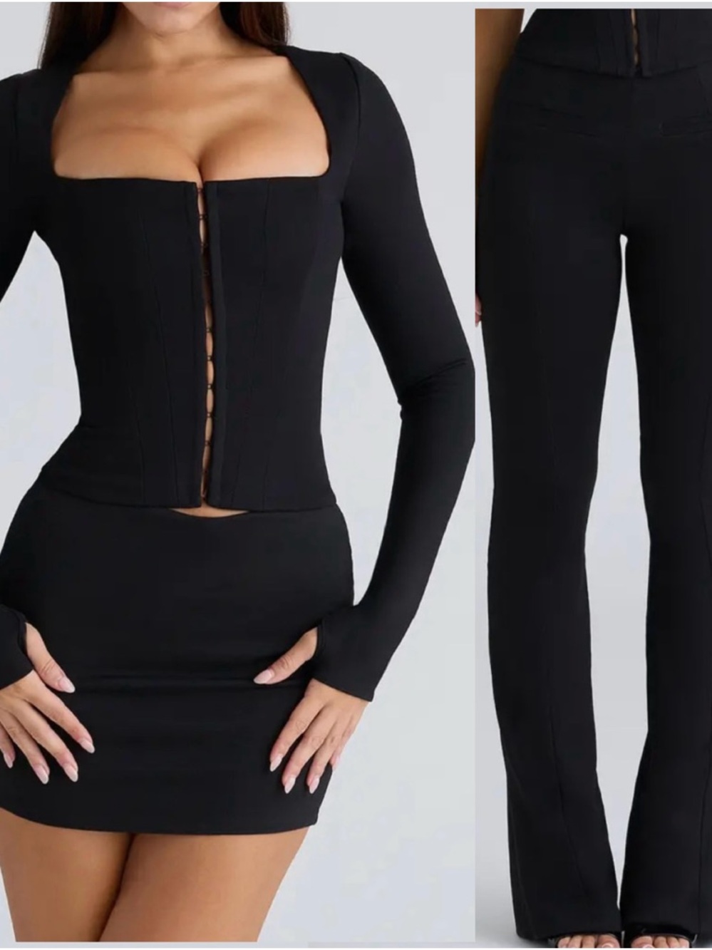 House of CB Black Long-Sleeve Corset Top & Flared Pants Set